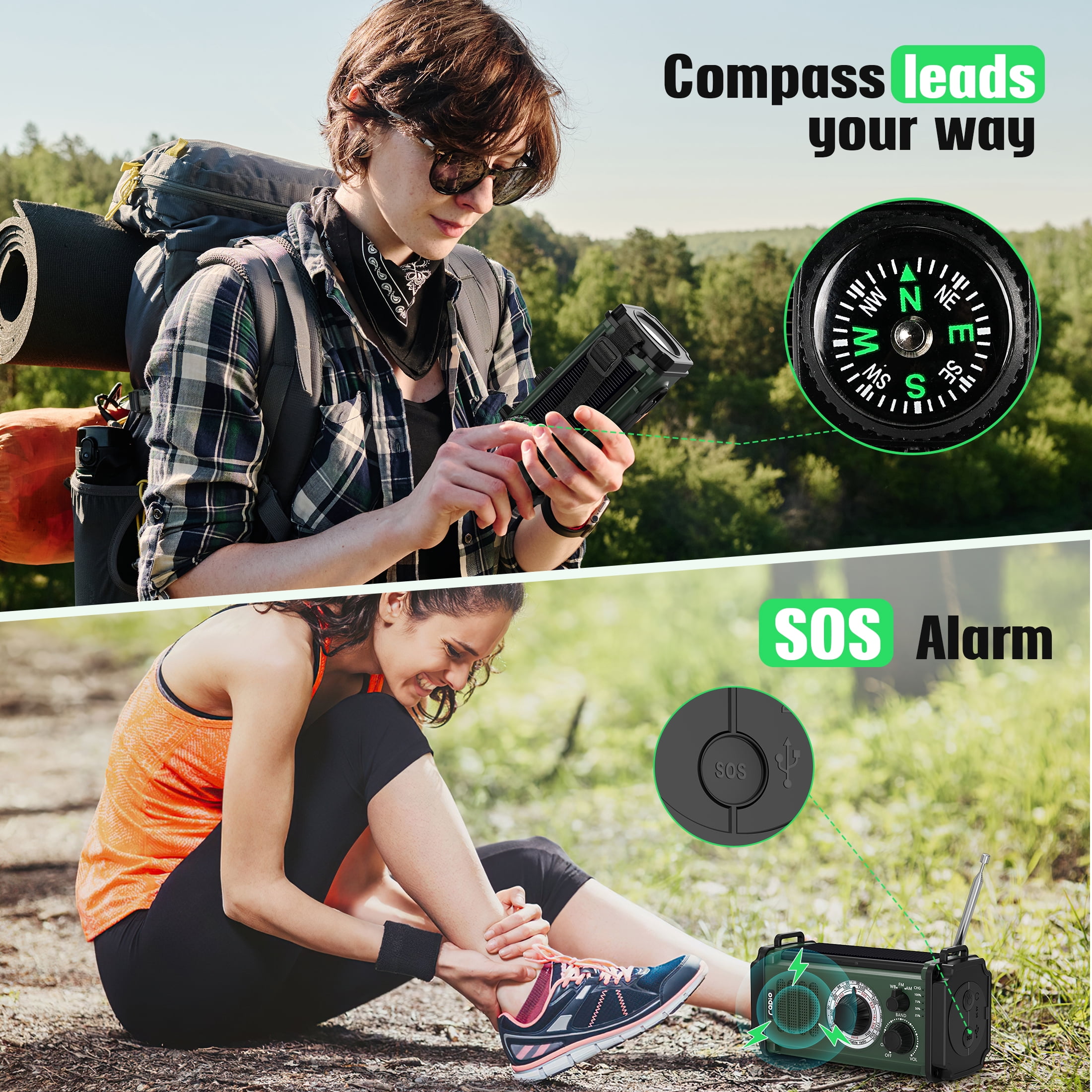 Skyhot 10000mAh Portable Hand Crank Solar Emergency Weather Radio with NOAA/AM/FM/Type-C USB Charging Radios/LED Reading Light/SOS/Compass for Outdoor Camping/Hiking/Travelling