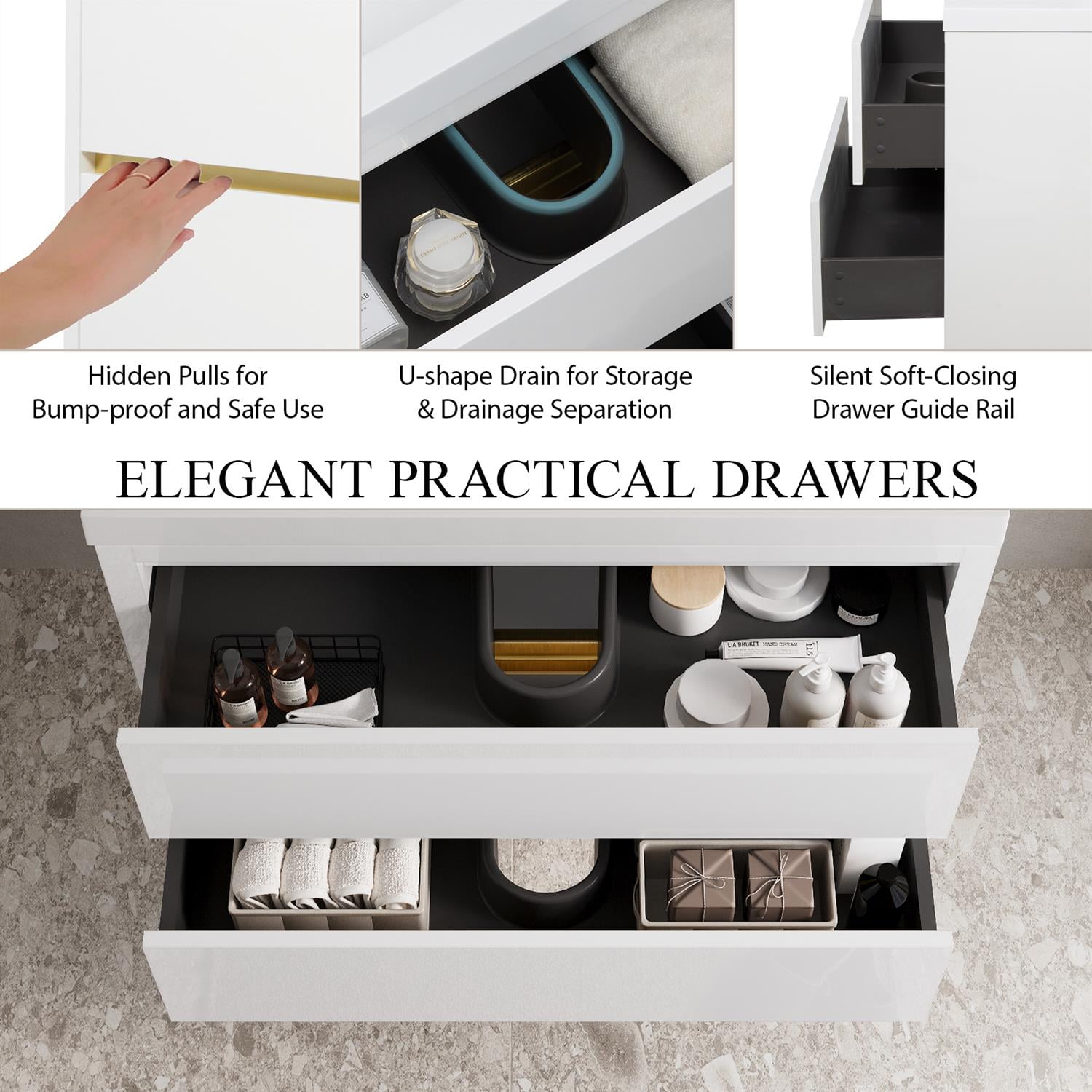 Demi Bonn 35" Wall-Mounted Bathroom Vanity with Sink, Stone Resin Countertop and 2 Soft Close Drawers, Faucets and Drains Not Included, White