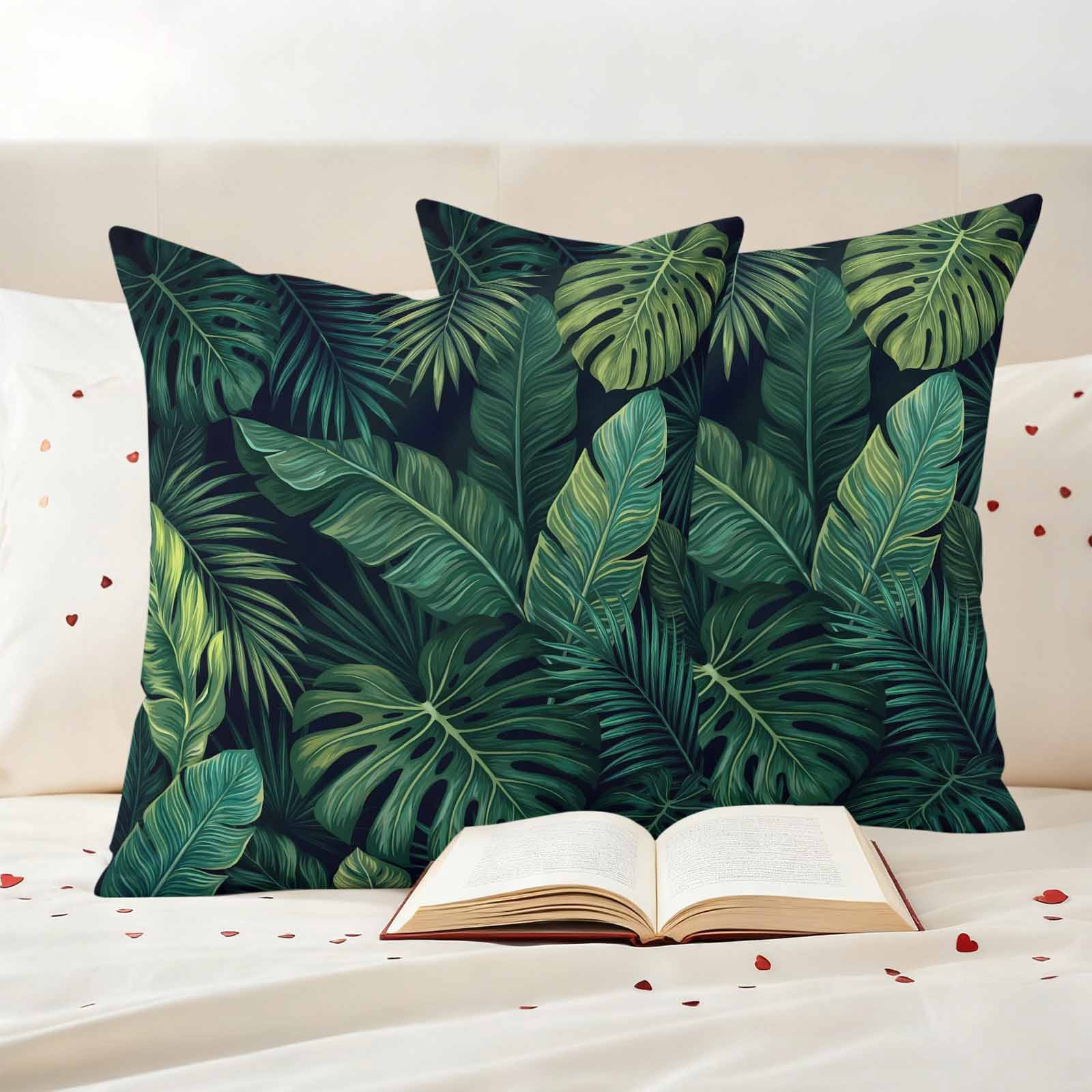 Tropical Plants Outdoor Waterproof Throw Pillow Covers 20x20 Set of 2, Summer Watercolor Green Palm Leaves Decorative Pillowcases Cushion Pillowcase for Couch Sofa Patio Outside Pillow Protector
