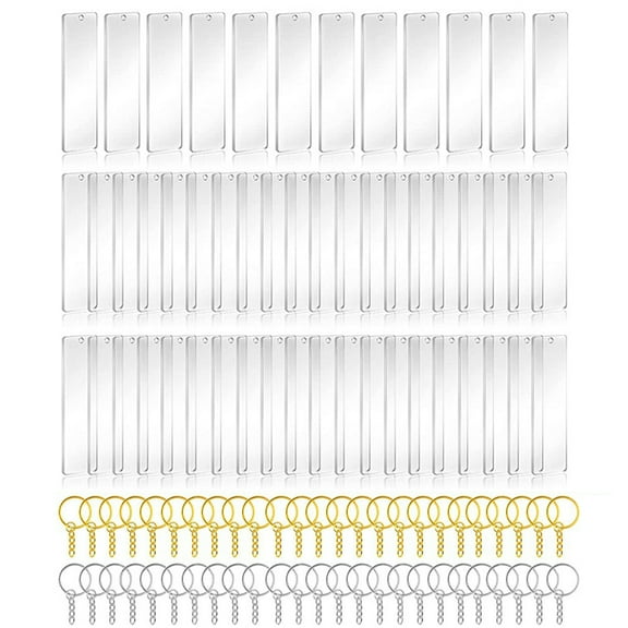 ZPAQI 50Pcs Acrylic Keychain Blank with Ring Clear Key Chain Rectangle Acrylic Blanks