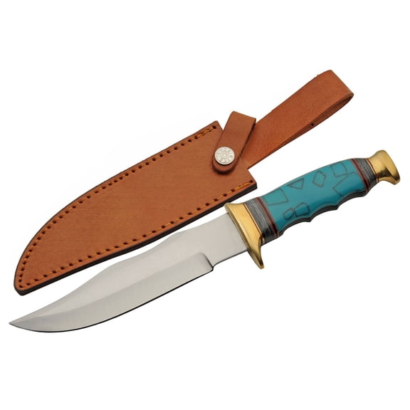 SZCO 12.25 Inch Turquoise Bowie Knife Fixed Blade Stainless Steel Blade Pakkawood Handle Brass Guard Outdoor Hunting Knife with Sheath