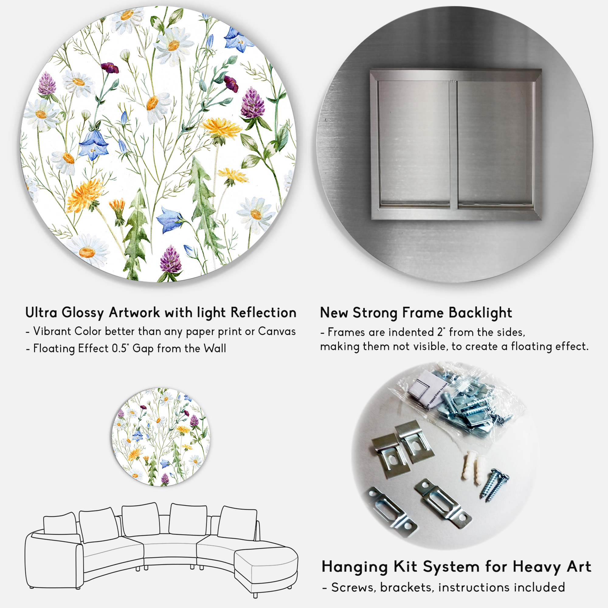 Designart 'Wildflowers Clover Bell and Chamomile III' Traditional Circle Metal Wall Art 29x29 - Disc of 29