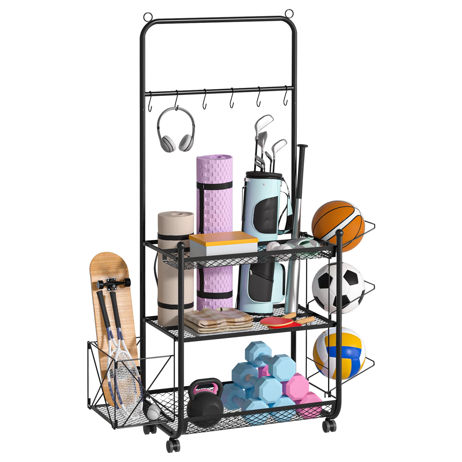 Trendix Dumbbell Rack, Weight Rack for Dumbbells, Yoga Mat Storage Rack, All in One Workout Storage with Wheels and Hooks for Kettlebells Foam Roller, Powder Coated Finish Steel