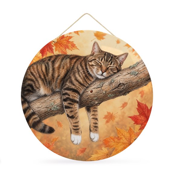 Round Welcome Sign for Front Door, Sleeping Cat Fall Hanging Metal Farmhouse Wall Decor for Porch Entryway, Branches Maple Leave Thanksgiving Decoration for Holiday Housewarming Gift, 12 in