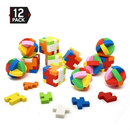 Bic Eraser - 12 Individually Packaged Puzzle Erasers, Party Favors Brain Teaser Pencil Erasers, 6 Balls and 6 Cubes by Big Mo’s Toys