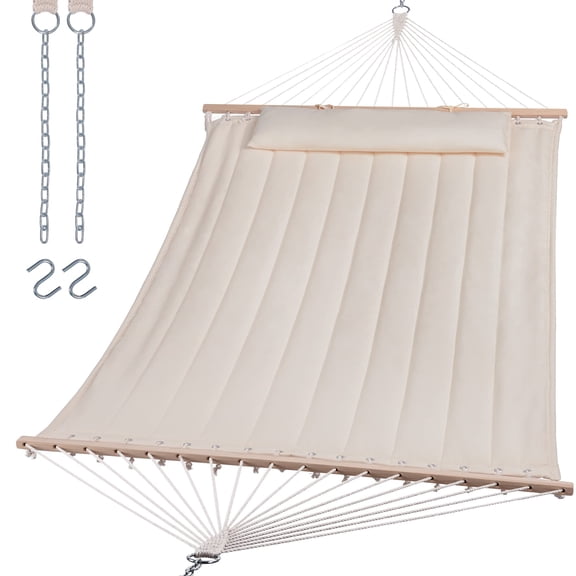 Beige Double Portable Outdoor Hammock For 2 People With Hardwood Spreader Bar
