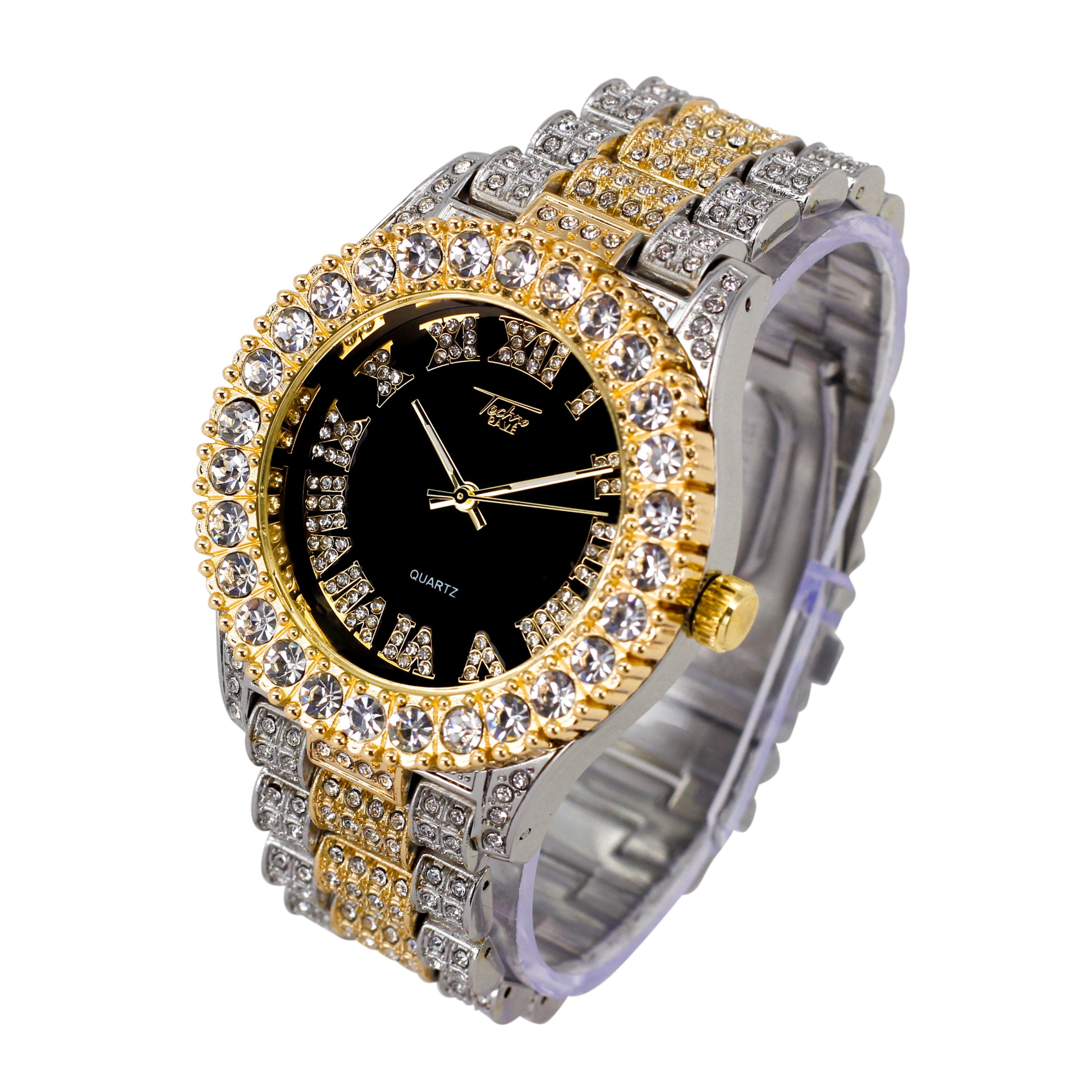 Mens 44mm Two-tone Iced Out Watch with Solitaire Bezel and Studded Roman  Index Dial - Simulated Lab Diamonds on Band - Adjustable Sizing - Quartz 