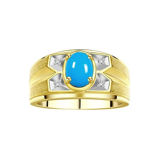 RYLOS Men's Rings 14K Yellow Gold Rings Classic Designer Style 8X6MM Oval Gemstone & Diamond Ring Turquoise December Birthstone Rings For Men Size 8
