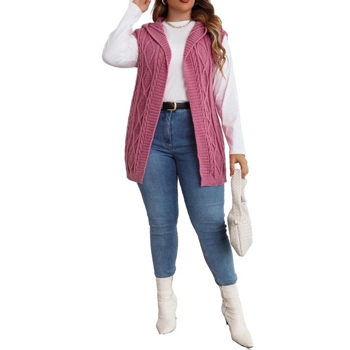 Short Plain Plus Size Cardigans Sleeveless Slight Stretch Pink Plus ...