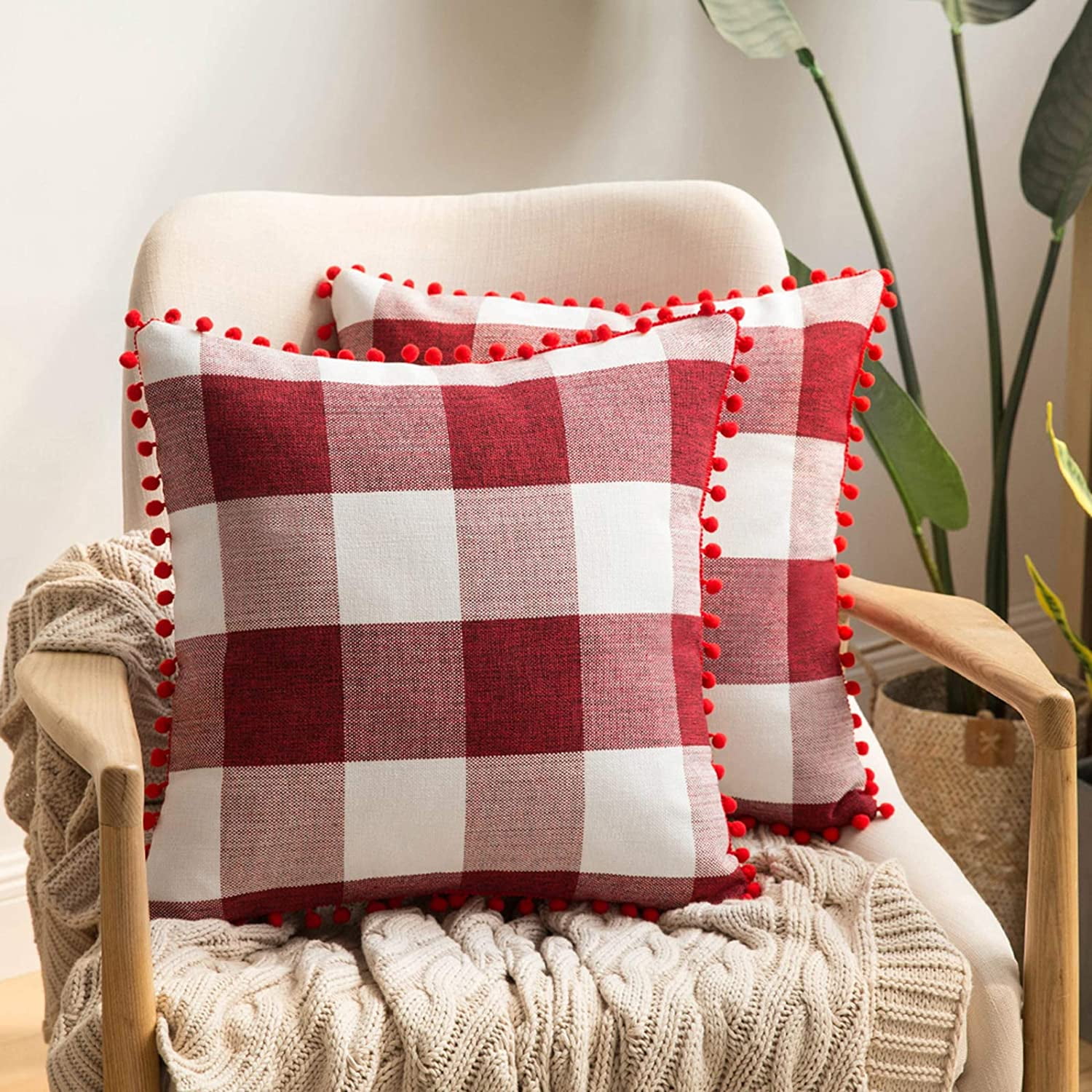 Set of 2 Retro Farmhouse Buffalo Plaid Check Pillow Cases with Pom poms Decorative Throw Pillow Covers Cushion Case for Christmas Sofa Couch 20x20 Inch Red and White Walmart
