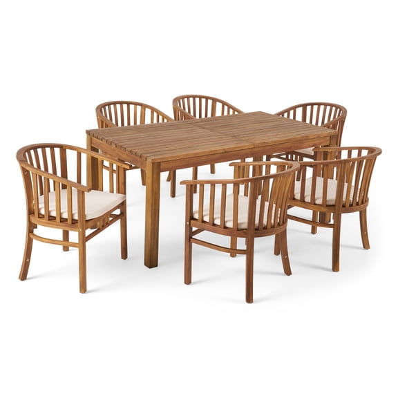 GDF Studio Bradford Outdoor Acacia Wood Expandable 7 Piece Dining Set with Cushion, Teak and Cream