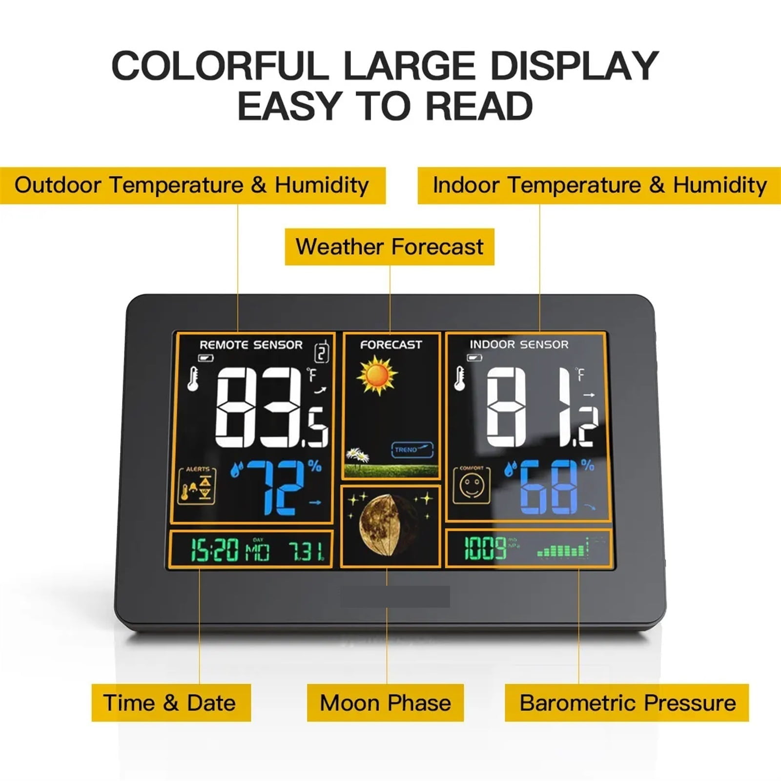 Wireless Indoor Weather Station Digital Thermometer Hygrometer Table Alarm Clock Temperature Humidity Sensor Weather Forecast ,Excellent Visual Experience