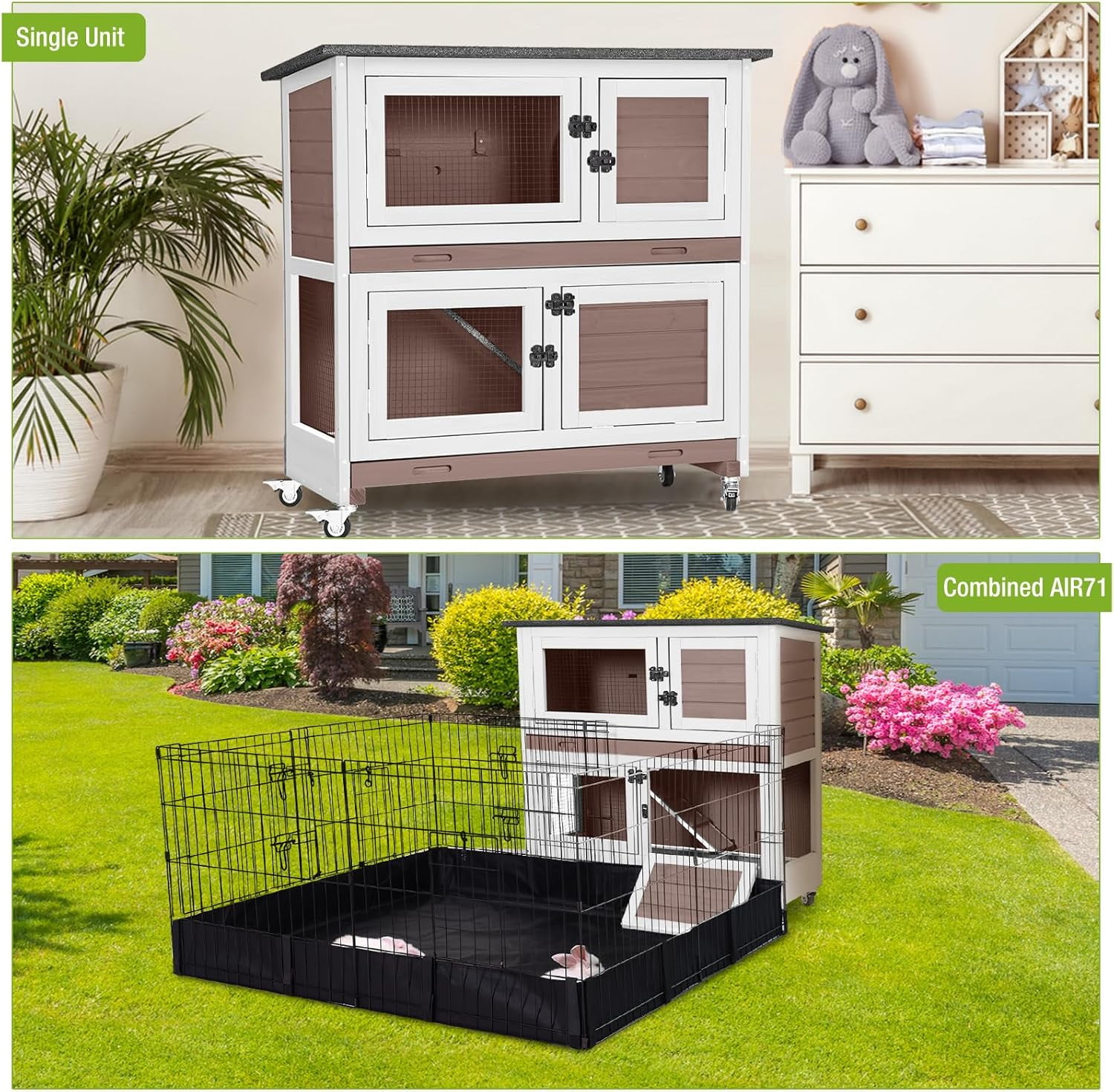 MEDEHOO 2-Story Rabbit Hutch Indoor Bunny Cage Wooden Guinea Pig House with Chew-Proof Ramp, Leakproof Slide-Out Trays, Lockable Caster Wheels for 1-3 Rabbits (Brown)