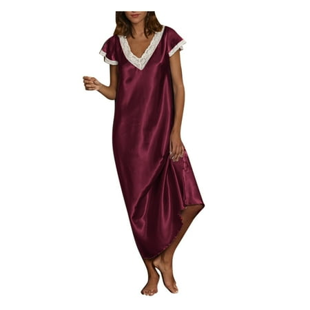 

YDKZYMD Wine Womens Lingerie Set Teddy Sexy Babydoll Plus Size V Neck Satin Nightgown Mesh Long Dress Sleepwear 3XL