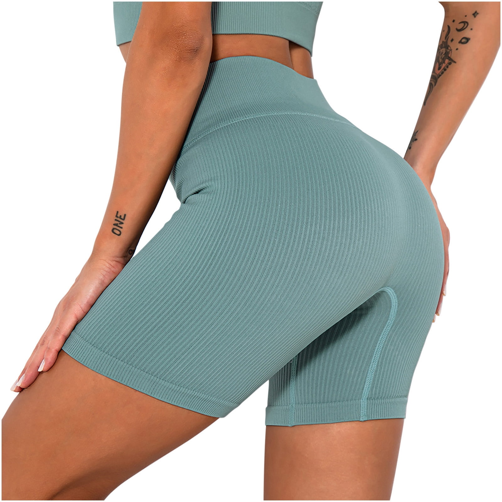 Women Workout Yoga Shorts Seamless Running Shorts Solid Ribbed Knit
