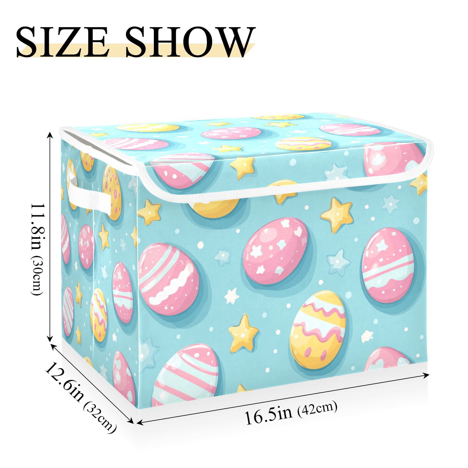 Easter Eggs in Blue Storage Basket for Shelves Foldable Container Organizer for Organizing Toys Clothes Books with Handles