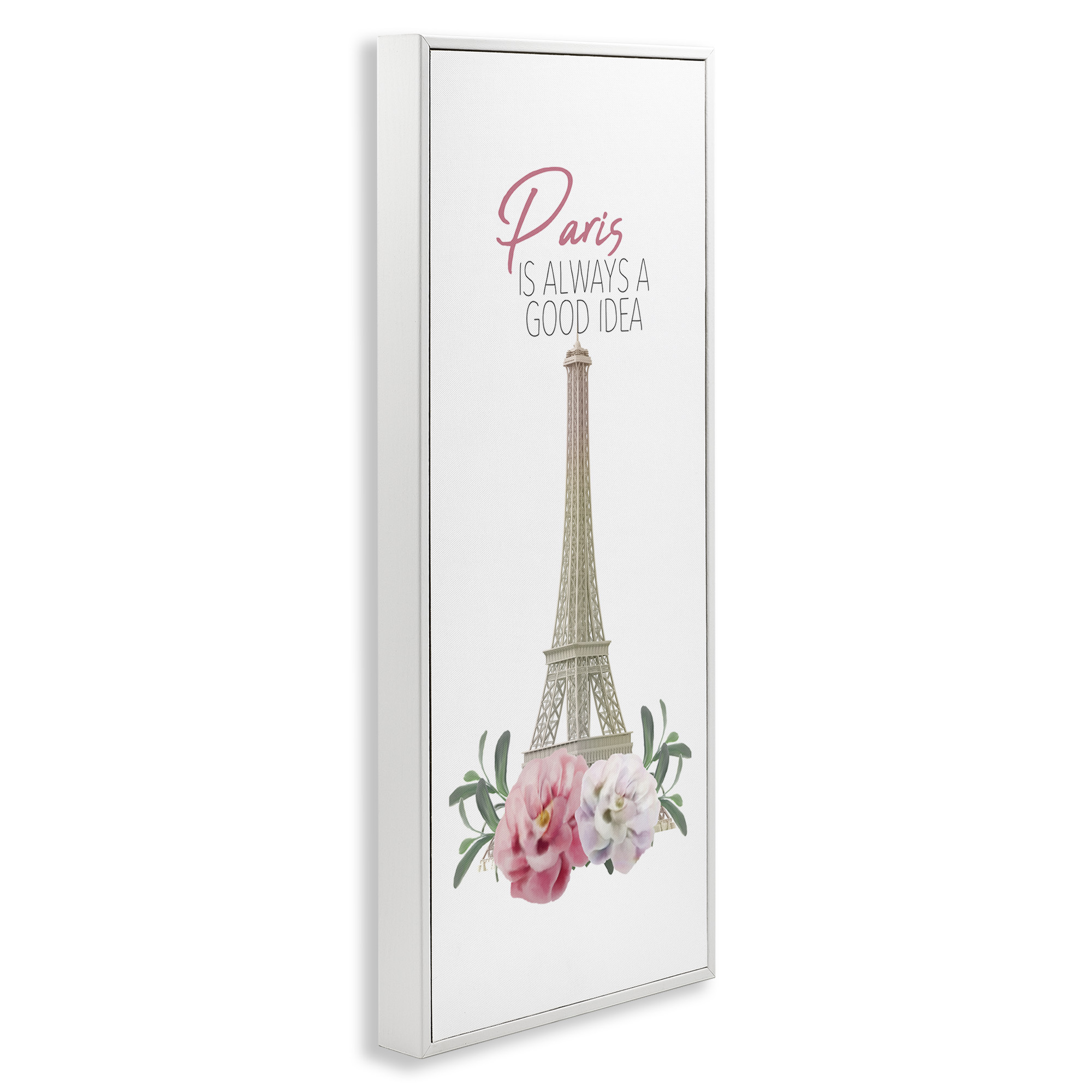Stupell Industries Paris Good Idea Phrase Eiffel Tower Botanical & Floral Painting White Framed Art Print Wall Art, 10 x 24