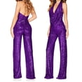 thumbnail image 5 of Women's Sequin Jumpsuit, Cowl Neck Halter Backless Romper, Sleeveless Wide Leg Jumpsuit for Women, Glittery Party Wear, Club Outfit, Prom Dress, Date Night and Special Occasions-Purple, 5 of 5
