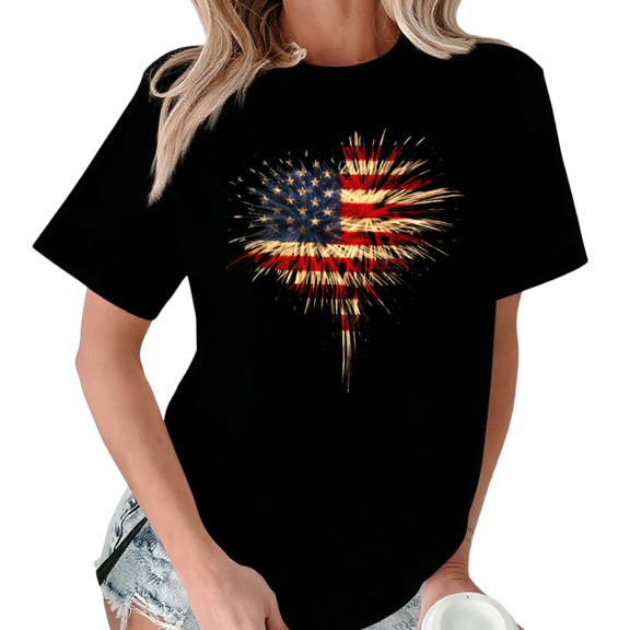 Giffimy Women's Patriotic Fireworks American Flag Heart Graphic Short Sleeve T-Shirt S-5XL Fashion Crewneck Top