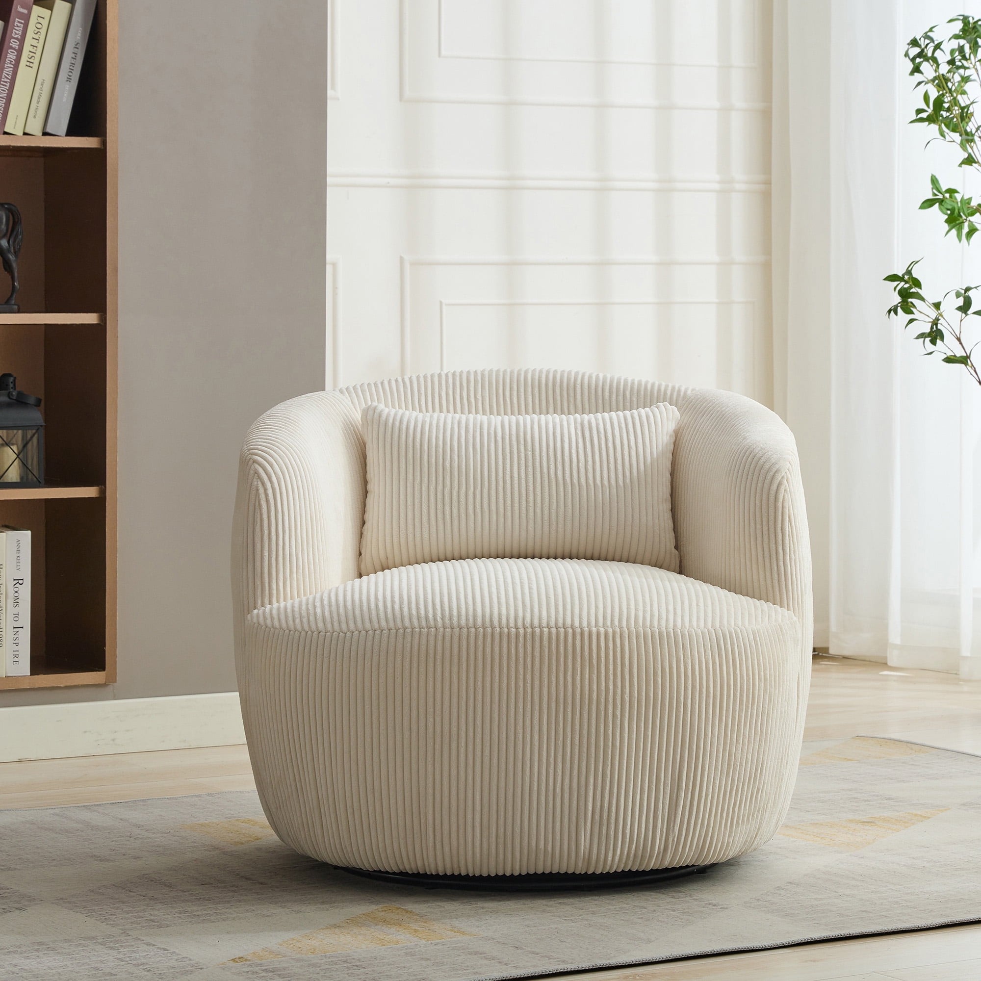 Gewnee 34.25 "Wide Upholstered Corduroy 360° Swivel Barrel Soft Accent Chair with Pillow, Circular Reading Armchair for Club, Living Room, Bedroom, Office, Lounge, Ivory.