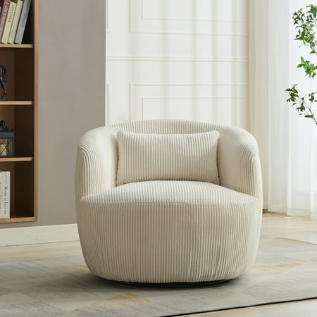 34.25" Wide Ivory Corduroy Swivel Barrel Chair with Pillow - Modern 360° Reading Armchair for Living Room, Bedroom, Office, Lounge, Durable Metal Base