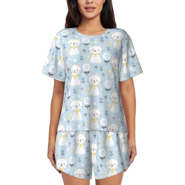 Fotbe Cute Cat Conjunto de Pijama Estampado para Mujer, 2 Piezas, Ropa de Dormir con Camiseta de Manga Corta y Shorts Suaves-Medium