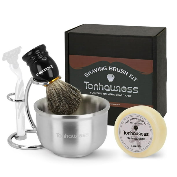 Kit de brochas de afeitar para hombre, juego de brochas de afeitar 4 en 1 que incluye brocha de afeitar de pelo de tejón, cuenco de afeitar de acero inoxidable, soporte de afeitar y jabón