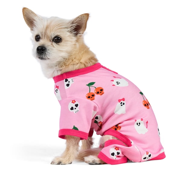 Vibrant Life Halloween Pajamas for Dogs and Cats, Skull Cherries and Ghosts, Pink, XS