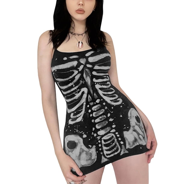 VISgogo Vestido ajustado para mujer, tirantes finos, sin mangas, con estampado de hueso humano, minivestidos con tirantes VISgogo moda