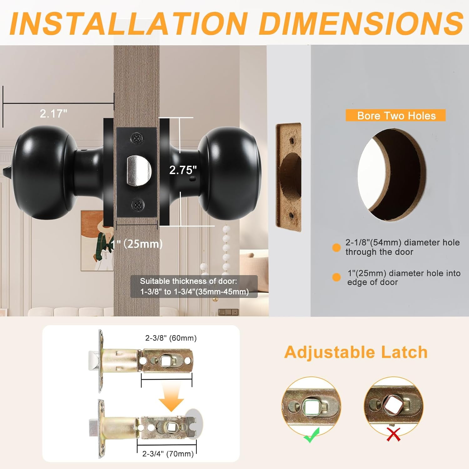 Privacy Door Knobs, 8 Pack Matte Black Heavy-Duty Door Knobs, Interior Keyless Doorknob, Left and Right Hand Reversible, for Bed and Bathroom