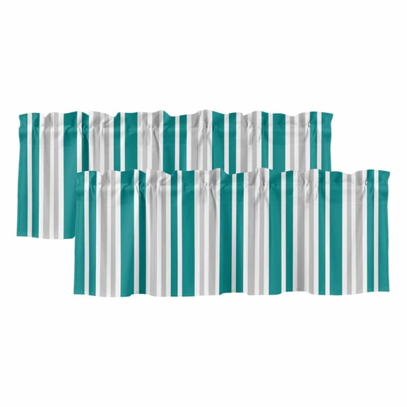 Teal Grey Stripe Curtain Valances for Windows, Kitchen Valance Window Treatments Panel 2 Pack, Farmhouse Minimalist Striped Rod Pocket Short Curtains for Bathroom Bedroom 42 x 12 Inch