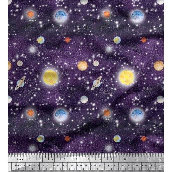 Soimoi Satin Silk Fabric Planet & Sun Galaxy Print Fabric by the Yard 42 Inch Wide