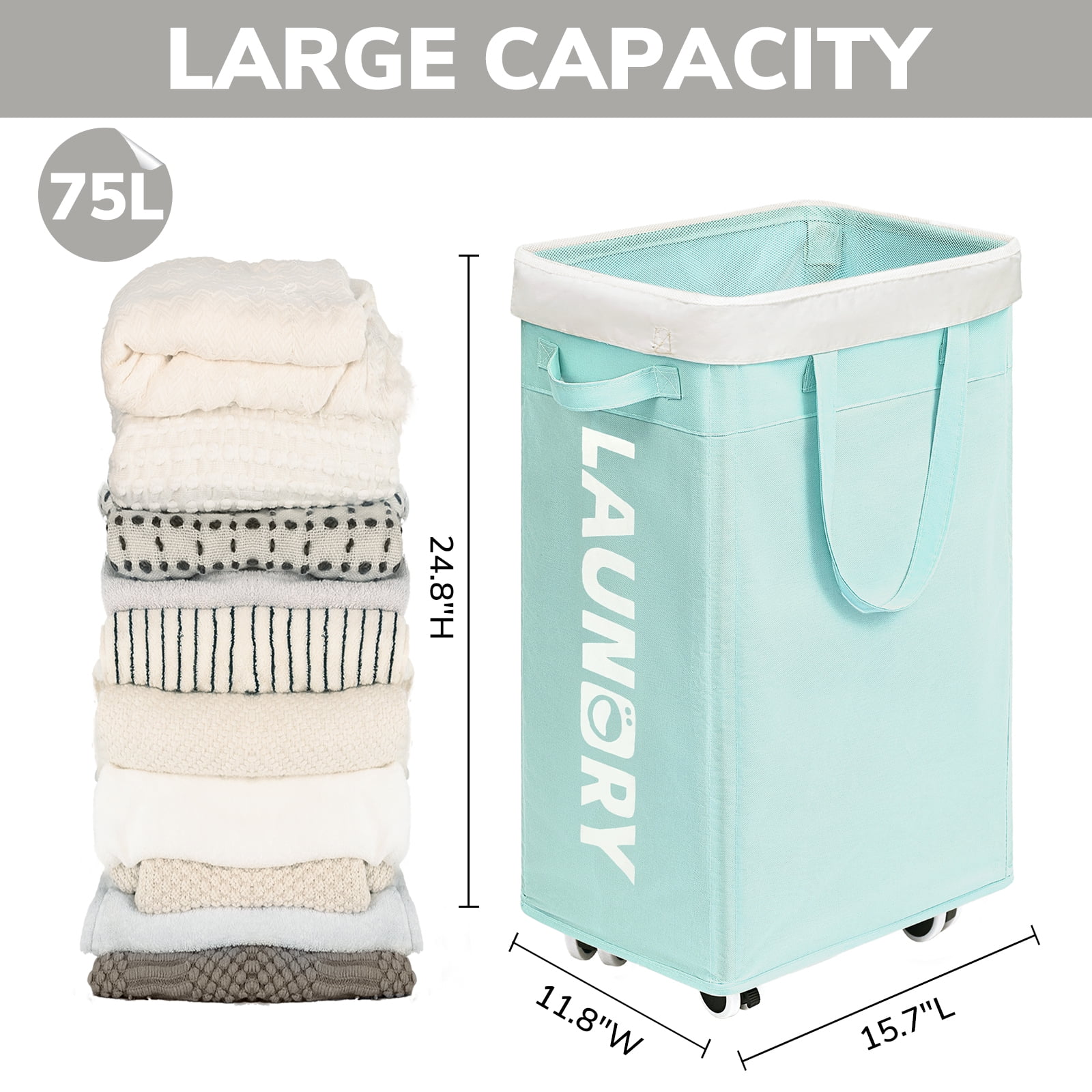 HICHEN Rolling Laundry Basket with Wheels,75L Large Collapsible Laundry Hamper with Removable Wash Bag Space for living room, Blue