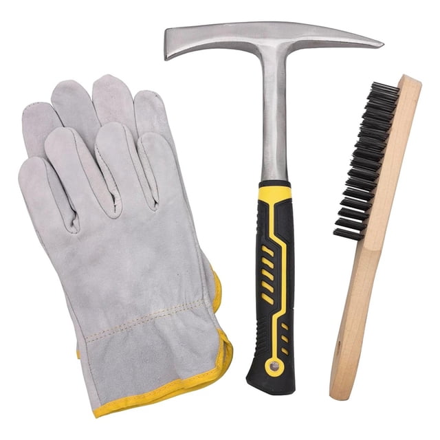 Kit de soldadura profesional: martillo cincelador de 30 cm, guantes de cuero de 25 cm.