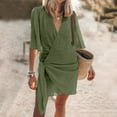 thumbnail image 2 of Women Lightweight Linen T Shirt Dress Wrap V Neck Ruched Side Tie Knot Casual Solid Color Breathable Summer Outfits, 2 of 9