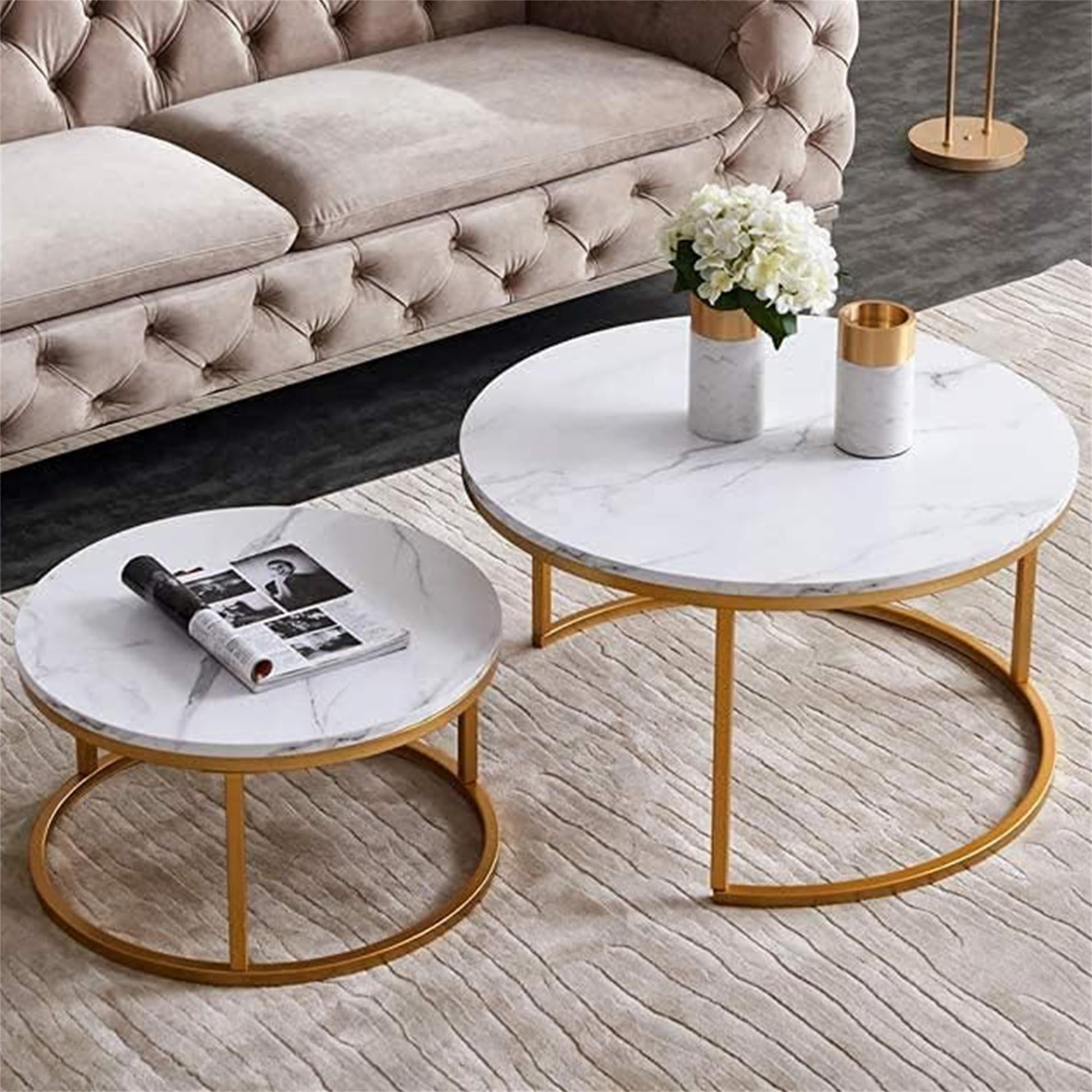 Kepooman 31.5" Nesting Coffee Table Set of 2, Round Nightstand with Faux Marble Wooden Top for Living Room, Golden