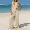 thumbnail image 5 of Cotton Linen Outfits for Women Summer Trendy Vacation Clothes 2 Piece Sleeveless Tank Top Wide Leg Pants Set (XL, Khaki), 5 of 7