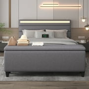 E-motie Full Upholstered Bed Frame with Storage Ottoman, Charging Station and LED, Gray Full Bed