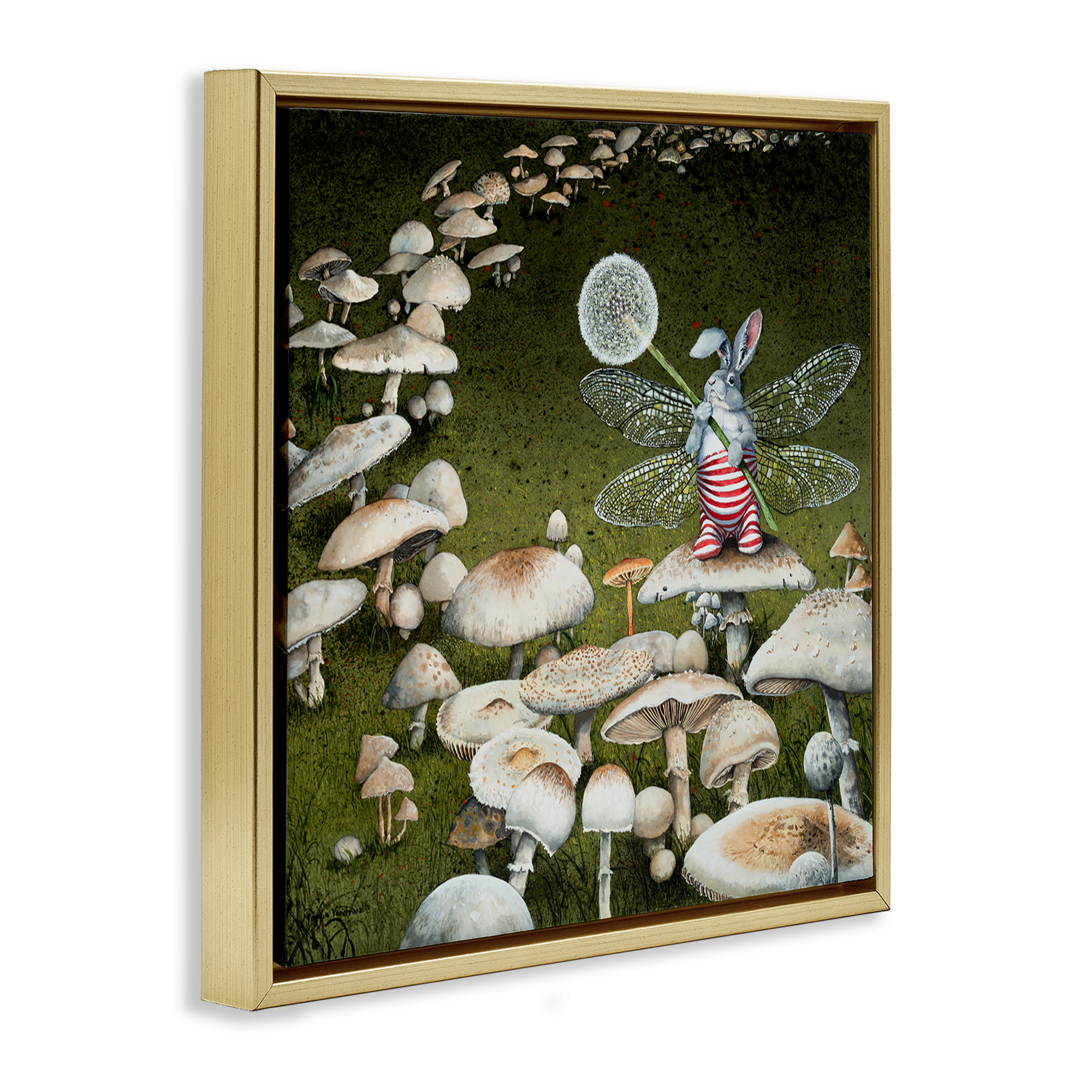 Stupell Industries Fairy Bunny on Mushroom Landscape Painting Gold Floater Framed Art Print Wall Art, 25 x 25