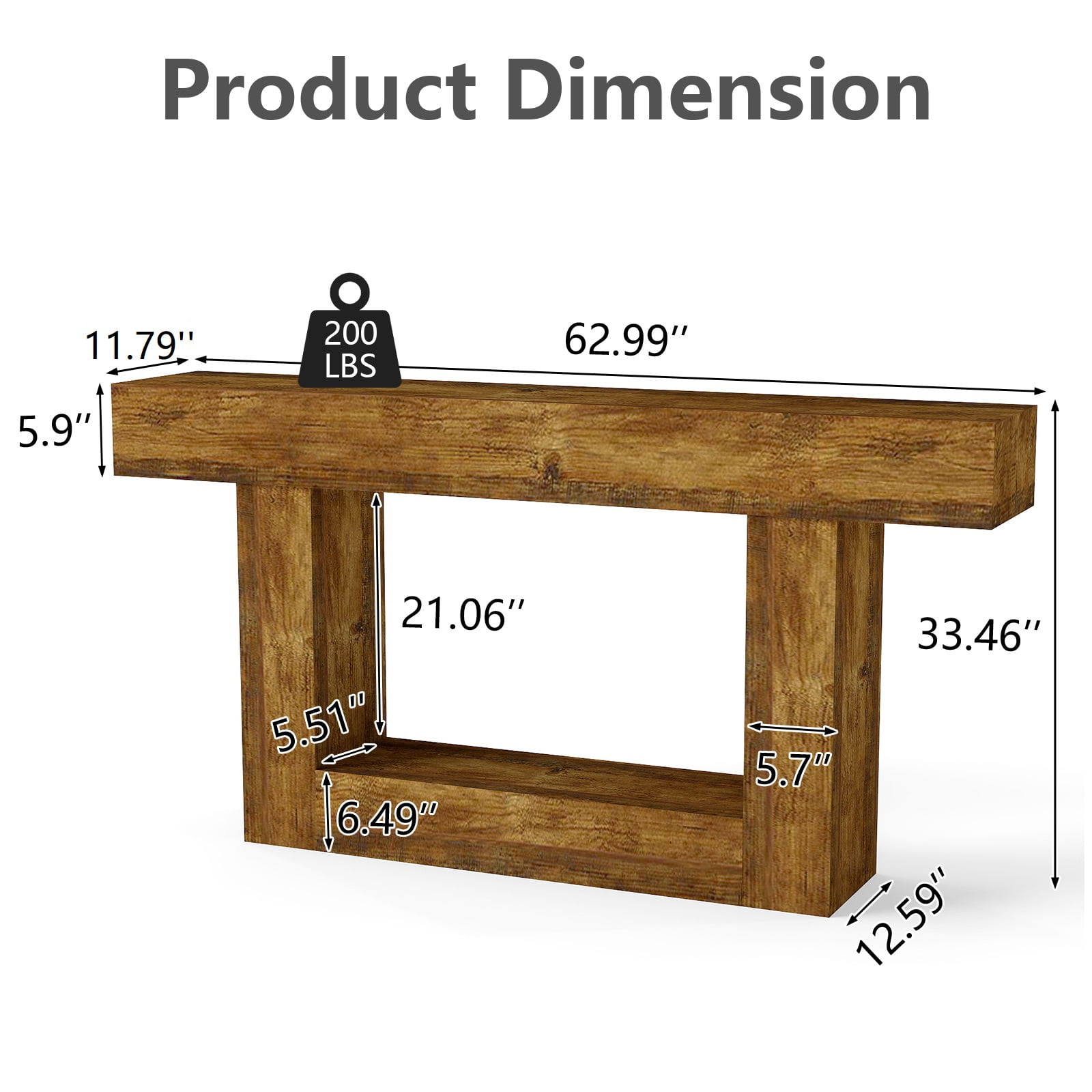 Hommoo 63" Wooden Console Table, Farmhouse 2-Tier Sofa Table, Entryway Table Hallway Table, Rustic Brown