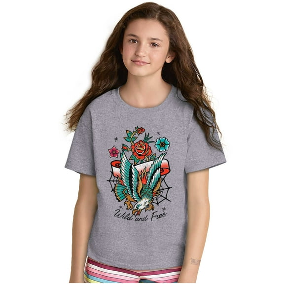Wild and Free Bald Eagle Rose Tattoo Crewneck T Shirts Boy Girl Teen Brisco Brands L