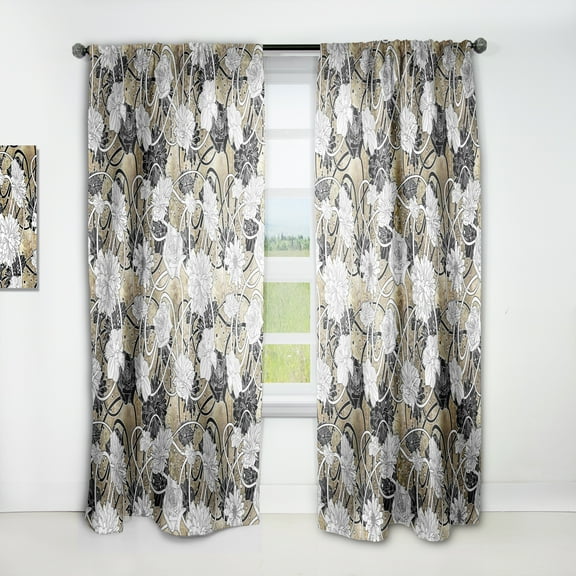 Designart 'Black Roses On Brown With White Drawn Flowers' Floral Curtain Panel