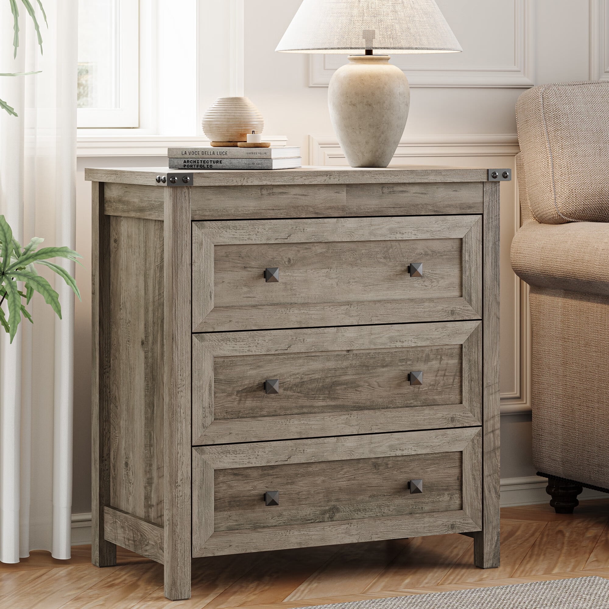 FANRAL 3 Large Drawer Nightstand,29.5" Tall Night Stand,27.5" Wide Side Table,Wood Bedside Table Modern End Table,Small Wide Dresser for Bedroom,Gray Nightstand