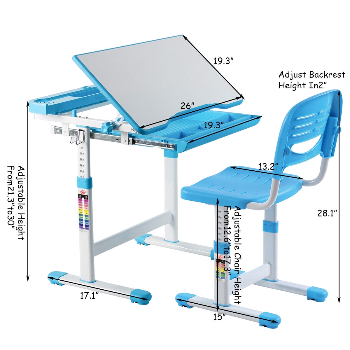 Gymax Children's Desk Chair Set Multifunctional Study Drawing Height Adjustable Blue