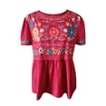 thumbnail image 4 of Women's Floral Embroidered Tops Summer Short Sleeve Pleated Peasant Blouses Casual Loose Crew Neck Mexican Shirts Hot Pink L, 4 of 4