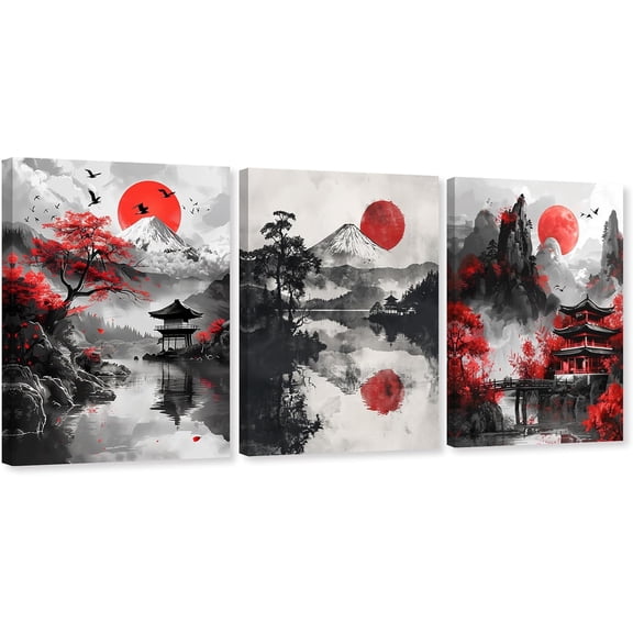 ZHONGYUTONG 3 Piece Japanese Wall Art Japanese Landscape Canvas Red and Black Scenery Pictures Japanese Culture Theme Painting Decor Framed (12.00" x 16.00" x 3PCS)