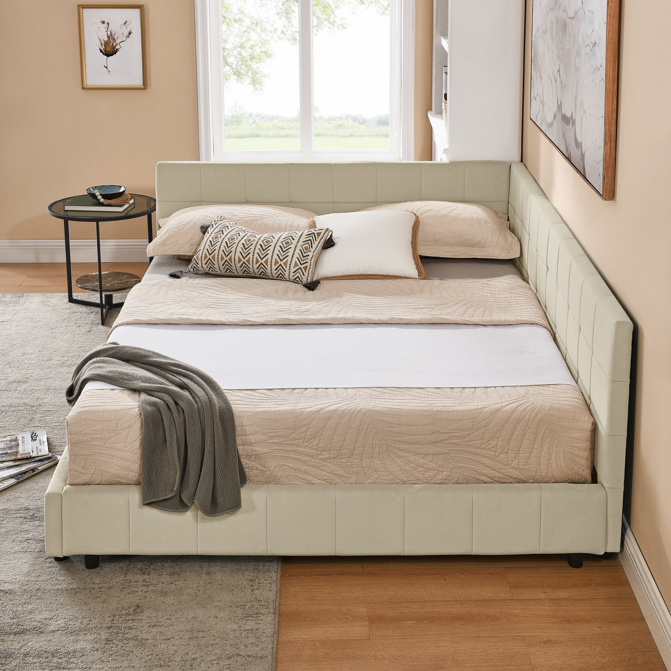 Queen Size Upholstered Tufted Storage Bed Frame with Backrest & Armrests, Velvet, Bedroom & Living Room, Beige