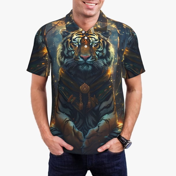 Fotbe Forest Meditating Tiger Camiseta Polo de Golf para Hombre con Estampado – Camisa Deportiva Transpirable con Cuello Abotonado-Large