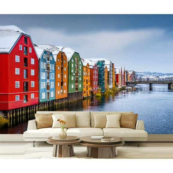Peel and Stick Wallpaper Trondheim Norway Winter Modern Art Wall Mural Decor Self Adhesive and Removable 69in x 98in