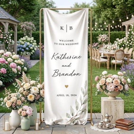 Personalized Monogram Wedding Satin Fabric Welcome Banner Custom Couple Sign for Outdoor Ceremony Entrance and Reception Decor